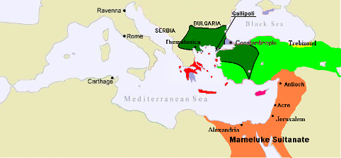Det orange område viser Mameluk-sultanatet under Burji-dynastiet omkring 1389.