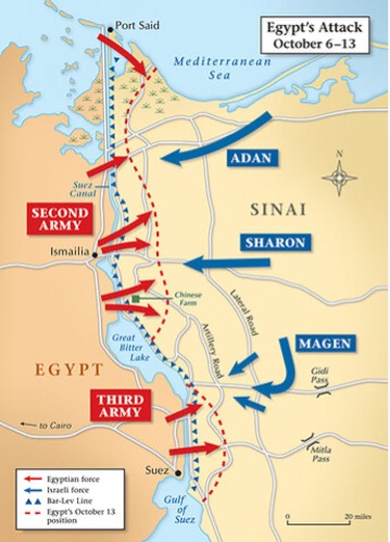 Kort over det ægyptiske angreb på Israel 6.okt.1973