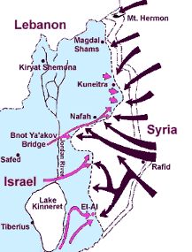 Kort over det syriske angreb på Israel 6.okt. 1973 – Lake Kinneret er det engelske navn for Genesaret Sø