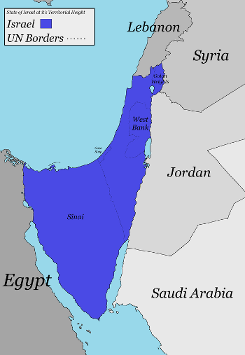 Kort over Israels territorium efter Seksdageskrigen i 1967