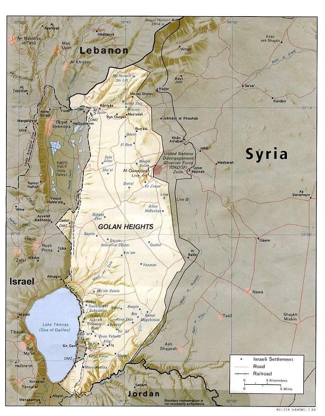 Kort overVåbenstilstandslinierne mellem Israel og Syrien – gældende fra 31.maj 1974